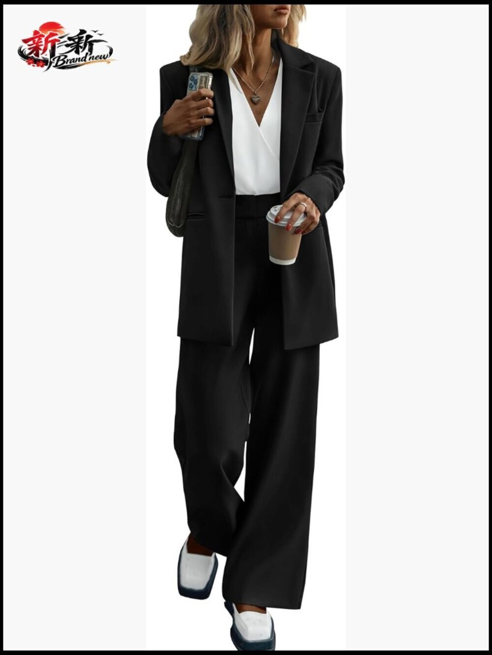 Women's 2-Piece Pantsuit Set Oversized Blazer Wide Leg Dress Pants Business